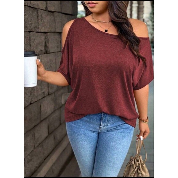SHEIN Curve Women’s Casual Loose Slash Shoulder T-Shirt Sienna Color Size 4XL - Picture 3 of 7
